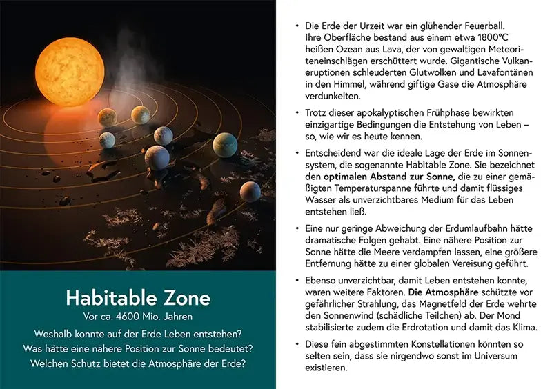 Vorder- und Rückseite einer Wissenskarte mit kompakten Fakten zur Erdgeschichte, einer Zusammenfassung und drei Quizfragen zur Selbstprüfung.