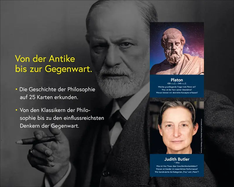 Infografik Philosophen-Wissenskarten mit Platon und Judith Butler.