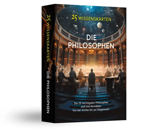 Premium-Kartenbox Die Philosophen mit einem Philosophie-Motiv, 25 Wissenskarten über bedeutende Denker.