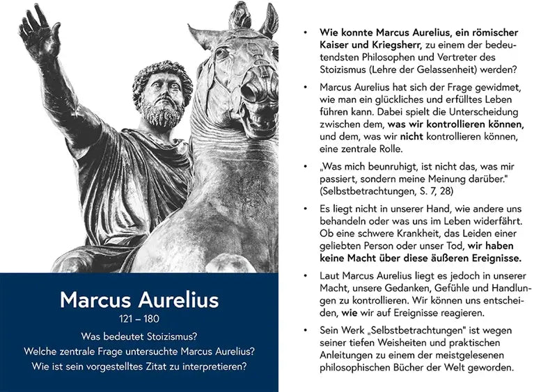 Vorderseite einer Wissenskarte mit einem Porträt von Marcus Aurelius oder Sokrates.
