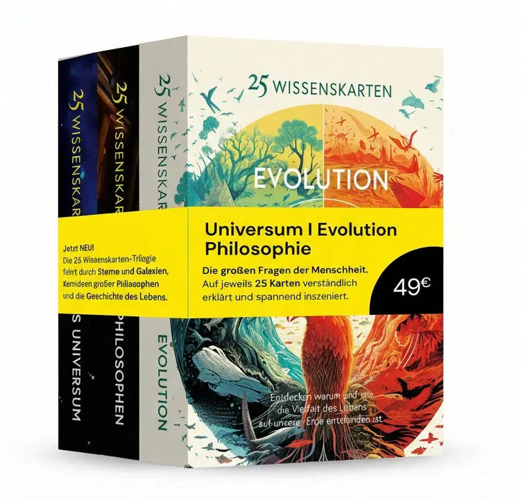 Die 25 Wissenskarten Trilogie im Set: Die Editionen Evolution (grün), Das Universum (blau) und Die Philosophen (braun) hintereinander.